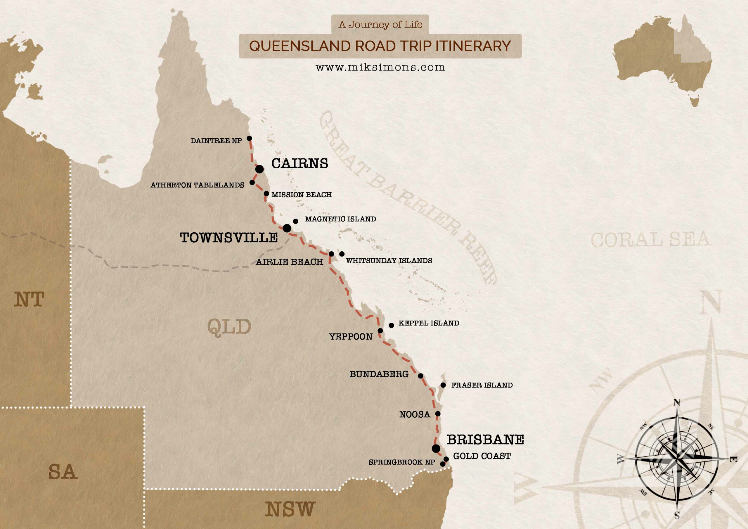 map of Queensland Australia - From Cairns to Brisbane - Queensland Road Trip Itinerary