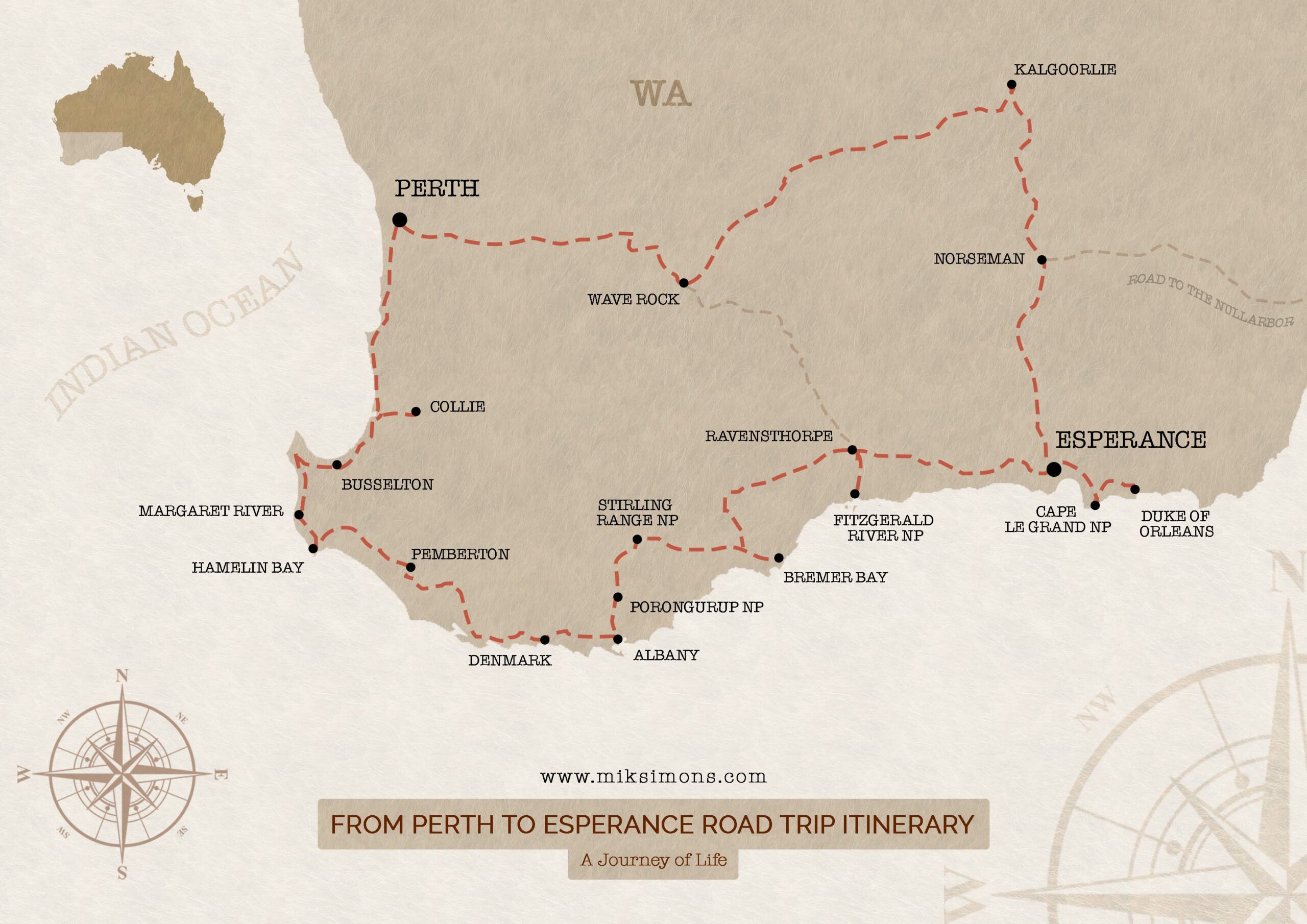 Perth to Esperance 3-week road trip itinerary 2022 - Map of South Western Australia