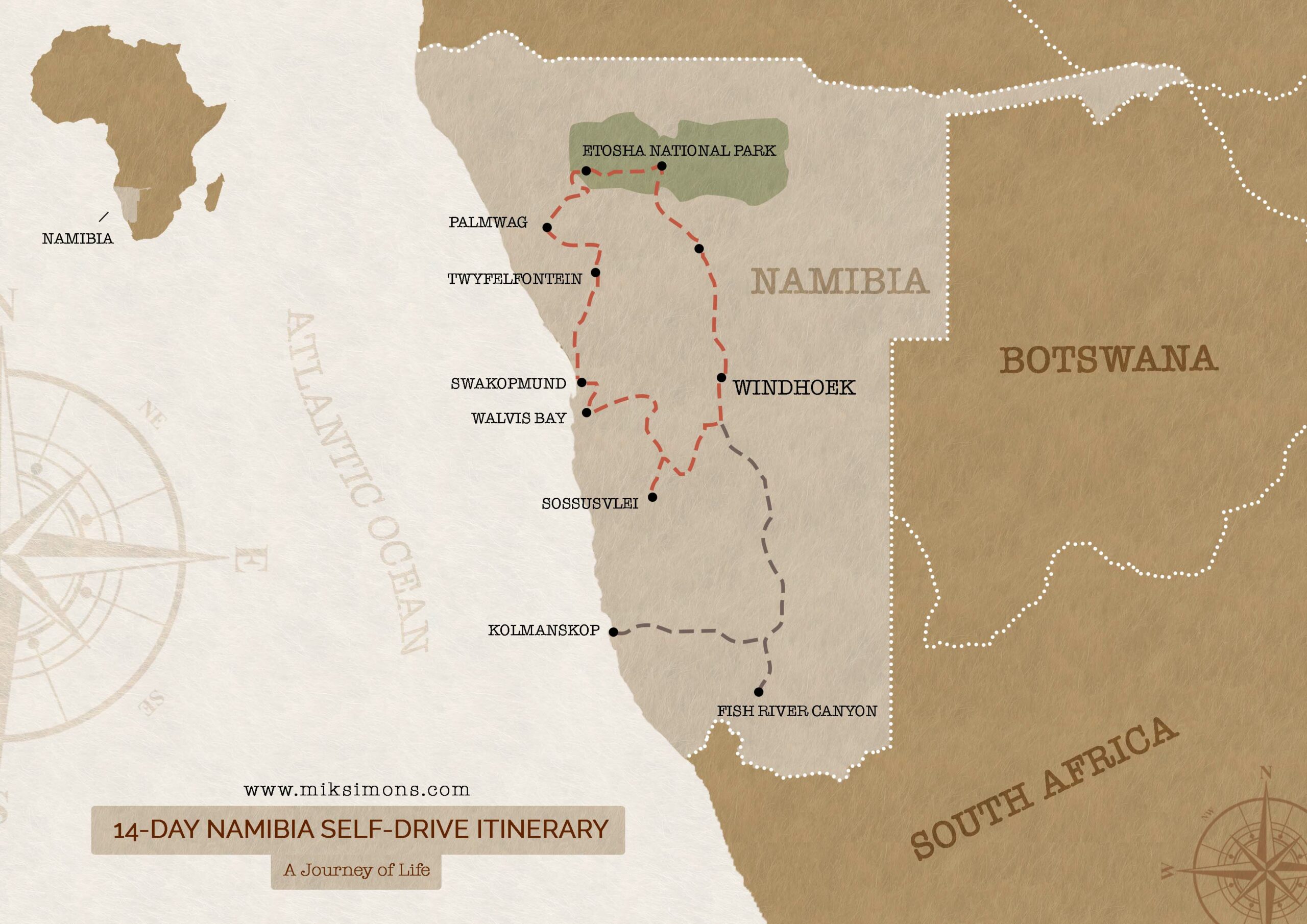 14 day Namibia self drive Itinerary 2022 - Adventure Map of Namibia